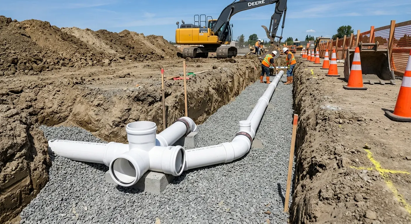 New PVC sewer pipe installation in open trench for Sewer Backup in Laredo