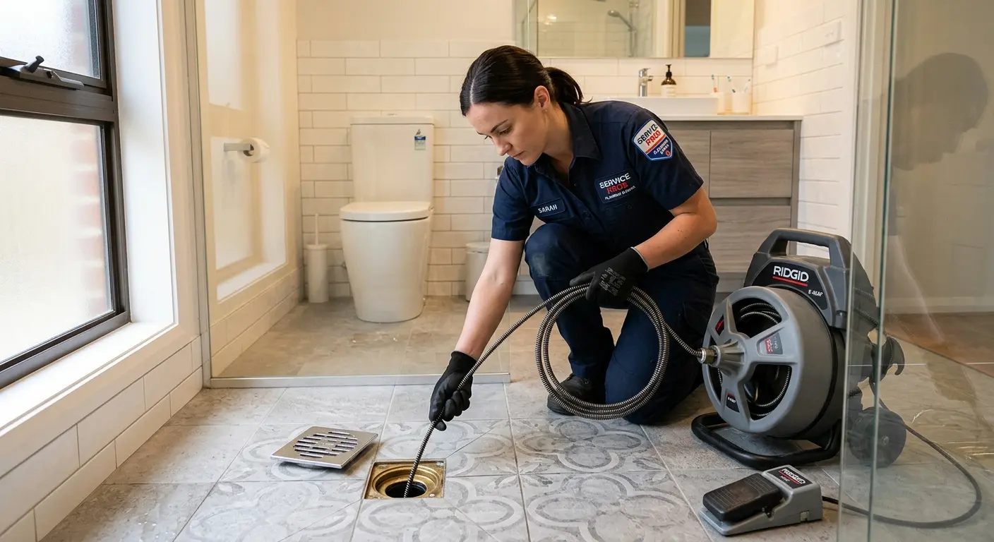 Technician clearing a bathroom floor drain for Drain Cleaning in Laredo